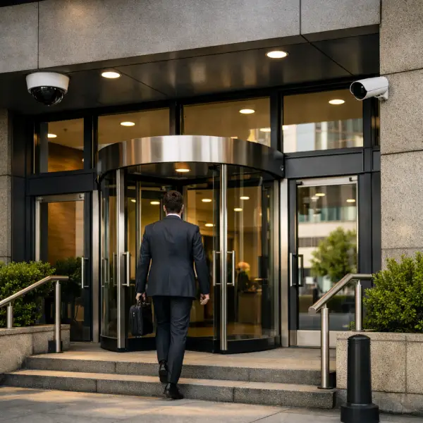 An entrance area of a modern business center with glass revolving doors, metal handrails, and compact surveillance cameras on the facade