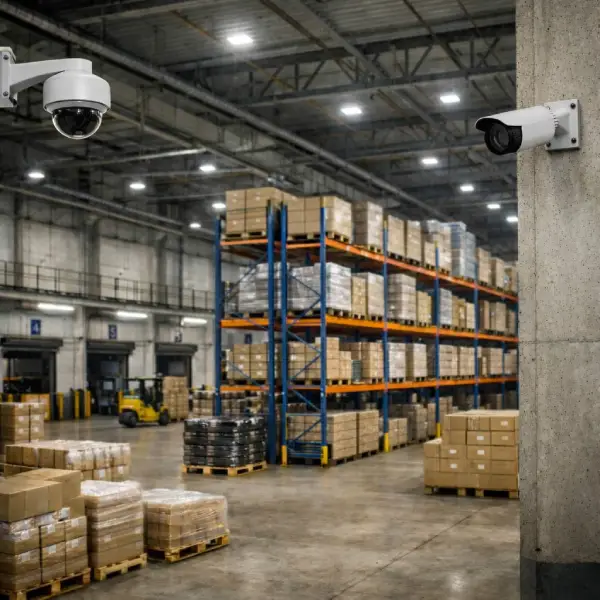 A large warehouse with metal shelving units filled with boxes, and two compact surveillance cameras mounted on concrete structures