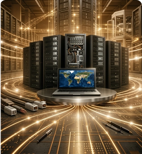 A centralized platform with server racks and a laptop, around which data flows converge—a symbol of information processing and storage