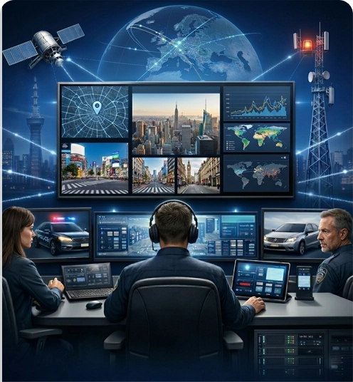 Operators in a monitoring center manage a surveillance and analytics system