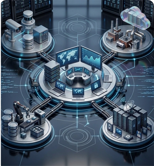 A central platform with servers and a laptop connecting cameras, industrial systems, robotic devices, and cloud services into a single management network