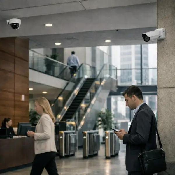 Interior of a modern business center with a reception desk, an escalator, and two compact surveillance cameras mounted on the ceiling and a concrete column