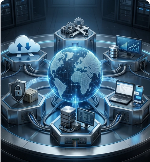 A futuristic concept of a digital network with a globe at the center, surrounded by icons of cloud storage, cybersecurity, servers, analytics, and devices, connected by cables