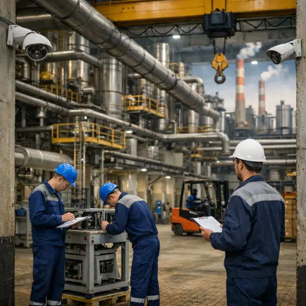 A production floor with metal pipes, valves, and surveillance cameras, where engineers in hard hats are inspecting equipment